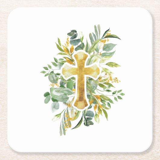 Gold Cross Floral Watercolor Baptism 1st Communion スクエアペーパーコースター (正面)
