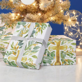 Gold Cross Floral Watercolor Baptism 1st Communion ラッピングペーパー