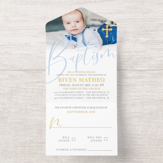 Gold Cross Pale Blue Script Photo Baptism Foil オールインワン招待状 (内側)