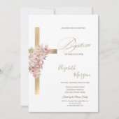 Gold Cross Pink Flowers Baptism Glitter Confetti 招待状 (正面)