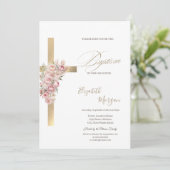 Gold Cross Pink Flowers Baptism Glitter Confetti 招待状 (スタンド正面)