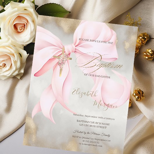  Gold Cross Pink Flowers Bow Baptism Glitter Gold 招待状