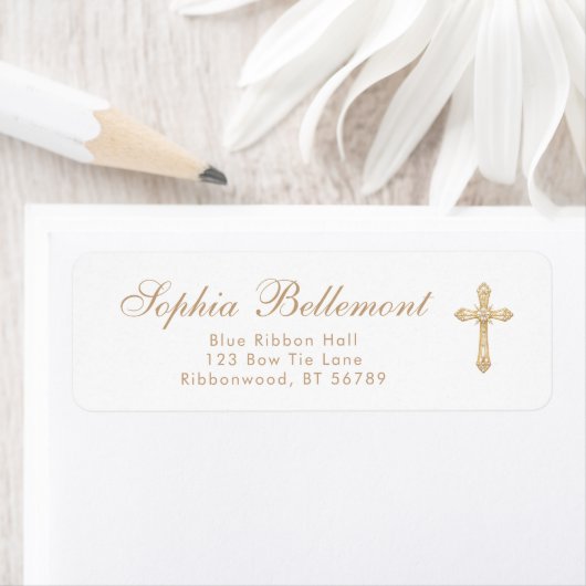 Gold Cross Simple Religious Baptism Return Address ラベル (インサイチュ)