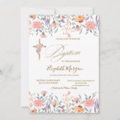  Gold Cross Wildflowers Pink Baptism  招待状 (正面)