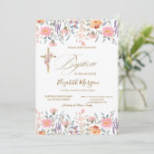  Gold Cross Wildflowers Pink Baptism  招待状 (スタンド正面)