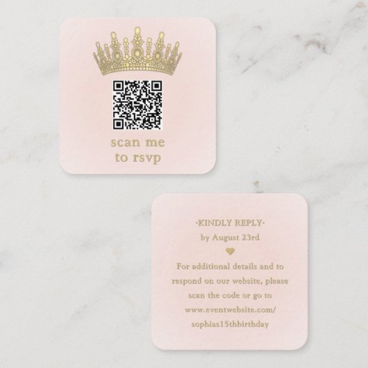 Gold Crown Blush Pink Quinceañera Scan Me QR RSVP エンクロージャーカード (正面/裏面)