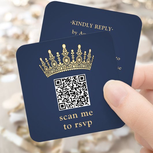 Gold Crown Navy Blue Quinceañera Scan Me QR RSVP エンクロージャーカード