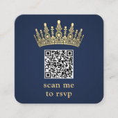Gold Crown Navy Blue Quinceañera Scan Me QR RSVP エンクロージャーカード (正面)