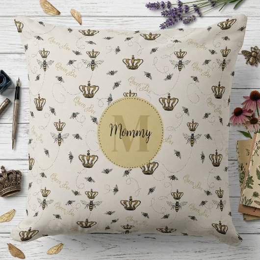 Gold Crown Queen Bee Monogram Royal Ivory クッション