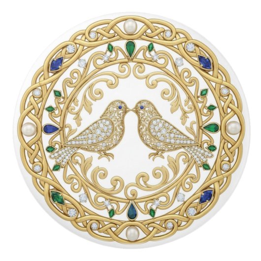 Gold Crystal Birds faux 2D graphic gemstones セラミックノブ (正面)