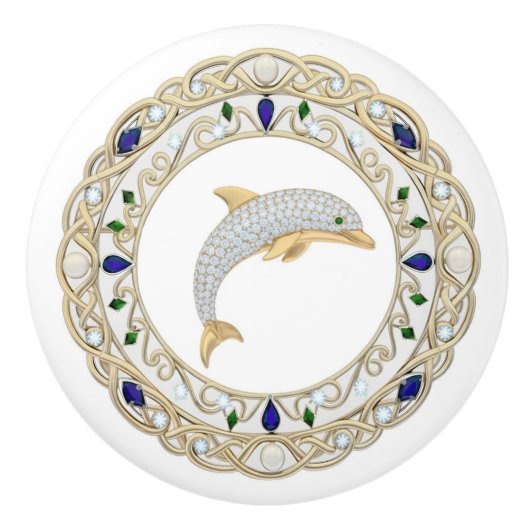 Gold Crystal Dolphin 2Dgraphic Ocean Sea Marine セラミックノブ (正面)