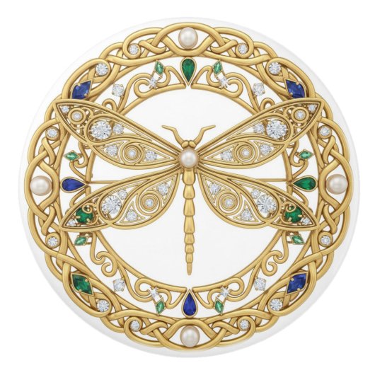 Gold Crystal Dragonfly faux 2D graphic gemstones セラミックノブ (正面)
