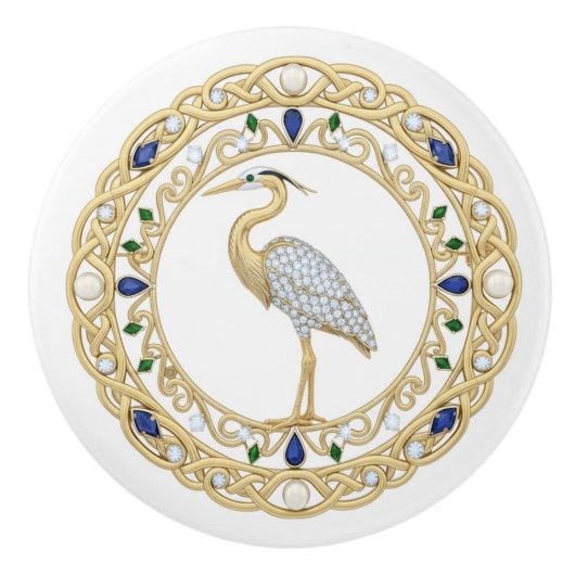 Gold Crystal Heron Sea Bird 2Dgraphic gemstone セラミックノブ (正面)