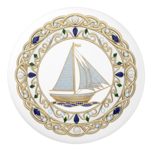 Gold Crystal Nautical Sail Boat Sailing 2DGraphic セラミックノブ (正面)