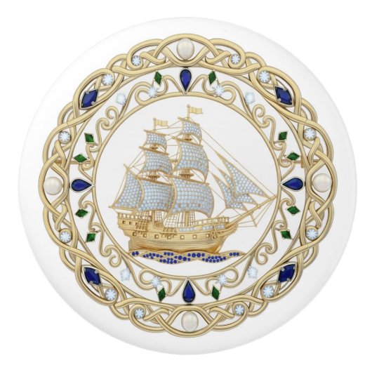 Gold Crystal Nautical Ship Boat Sailing 2DGraphic セラミックノブ (正面)