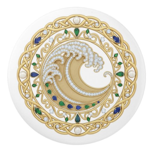 Gold Crystal Ocean Great Wave 2D graphic gemstones セラミックノブ (正面)