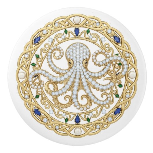 Gold Crystal Ocean Sea Octopus 2D graphic gemstone セラミックノブ (正面)
