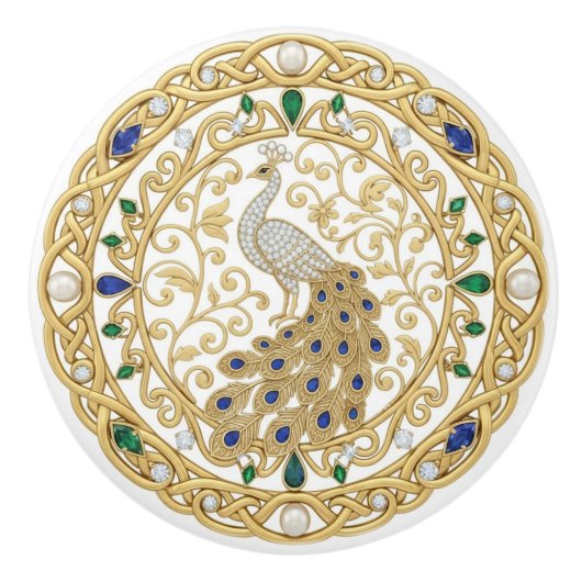 Gold Crystal Peacock Bird 2D graphic gemstones セラミックノブ (正面)