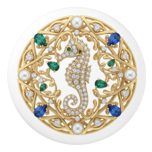 Gold Crystal Seahorse 2Dgraphic gemstone Sea Horse セラミックノブ (正面)