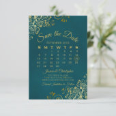 Gold Curls & Swirls Elegant Teal Wedding Calendar セーブザデート (スタンド正面)