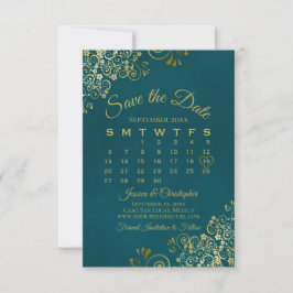 Gold Curls & Swirls Elegant Teal Wedding Calendar セーブザデート