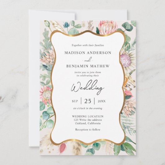 Gold Curvy Eucalyptus Pampas Grass Protea Wedding 招待状 (正面)