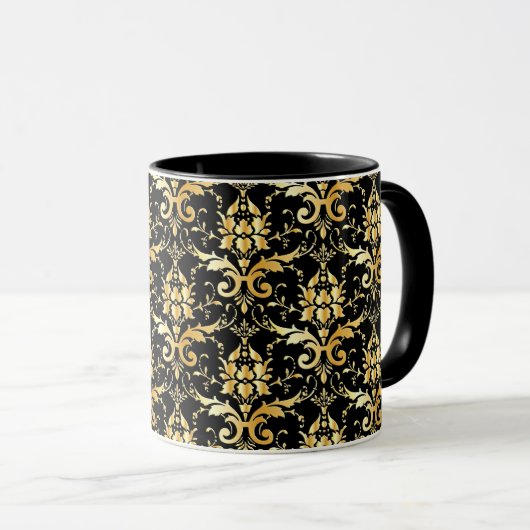 Gold Damask Pattern on Black マグカップ (正面右)
