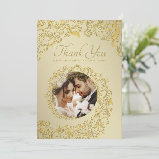 Gold Damask Wedding Thank You Photo Card サンキューカード (スタンド正面)