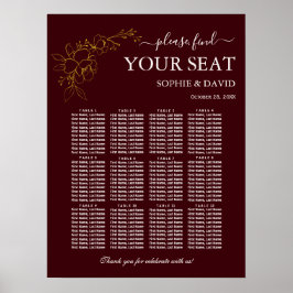 Gold Deep Burgundy 12 Table Seating Chart Wedding ポスター