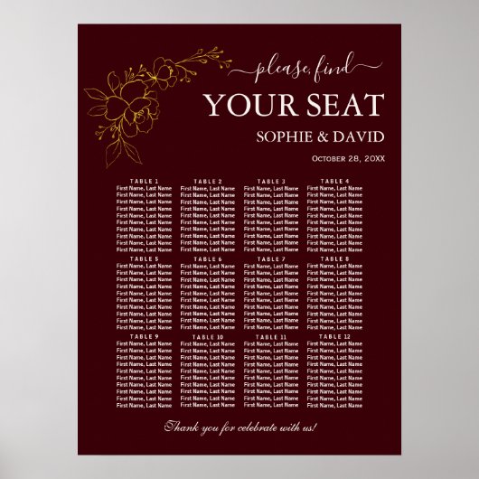 Gold Deep Burgundy 12 Table Seating Chart Wedding ポスター (正面)