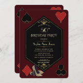 Gold Deep Burgundy Art Deco Gatsby Casino Birthday 招待状 (正面/裏面)