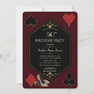 Gold Deep Burgundy Art Deco Gatsby Casino Birthday 招待状