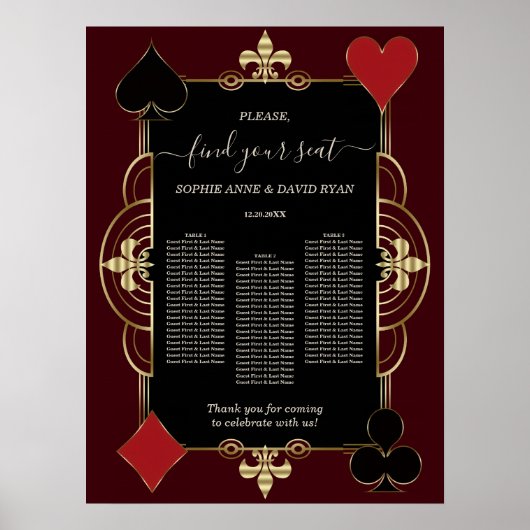 Gold Deep Burgundy Casino Wedding Seating Chart  ポスター (正面)