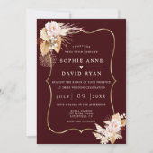 Gold Deep Burgundy Floral Fall All In One Wedding 招待状 (正面)