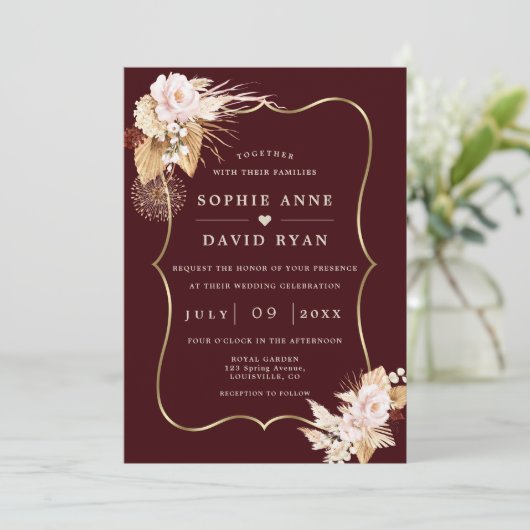 Gold Deep Burgundy Floral Fall All In One Wedding 招待状 (スタンド正面)