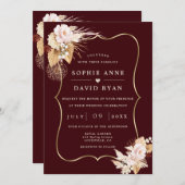 Gold Deep Burgundy Floral Fall All In One Wedding 招待状 (正面/裏面)