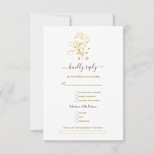 Gold Deep Burgundy Simple Song Request Wedding 出欠カード (正面)