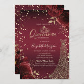 Gold Diamonds Dress Dark Red Roses  Quinceañera 招待状 (正面/裏面)