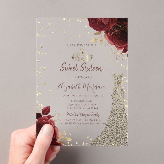 Gold Diamonds Dress Dark Red Roses Sweet 16 アクリル招待状 (インサイチュ (ポータブル))