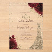 Gold Diamonds Dress Dark Red Roses Sweet 16 アクリル招待状 (正面)