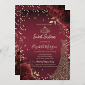 Gold Diamonds Dress Dark Red Roses Sweet 16 招待状 (正面/裏面)