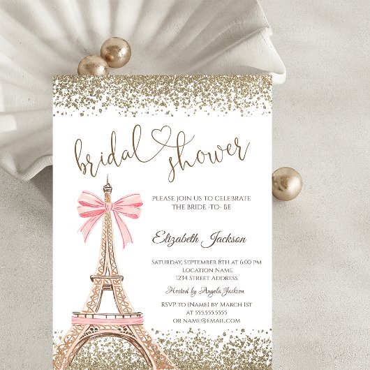 Gold Diamonds Eiffel Tower Bow Bridal Shower 招待状