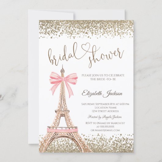 Gold Diamonds Eiffel Tower Bow Bridal Shower  招待状 (正面)