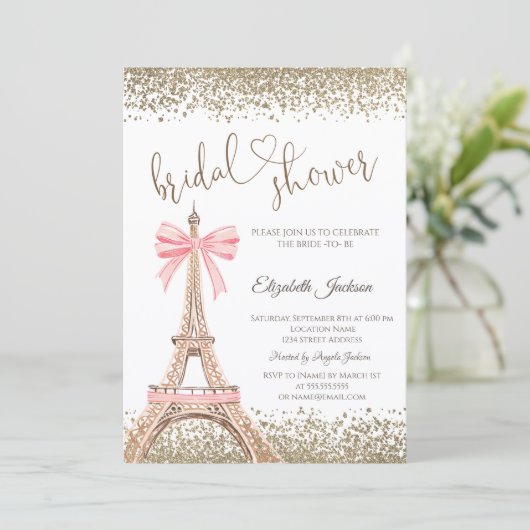 Gold Diamonds Eiffel Tower Bow Bridal Shower  招待状 (スタンド正面)