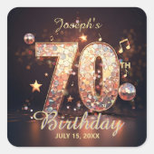 Gold Disco Ball Music Notes 70th Birthday Party スクエアシール (正面)