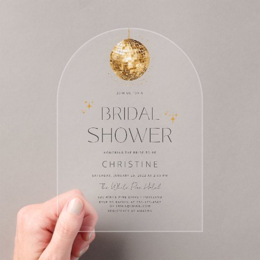 Gold Disco Ball Sparkle Bridal Shower アクリル招待状 (インサイチュ (ポータブル))
