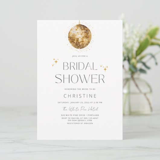 Gold Disco Ball Sparkle Bridal Shower 招待状 (スタンド正面)