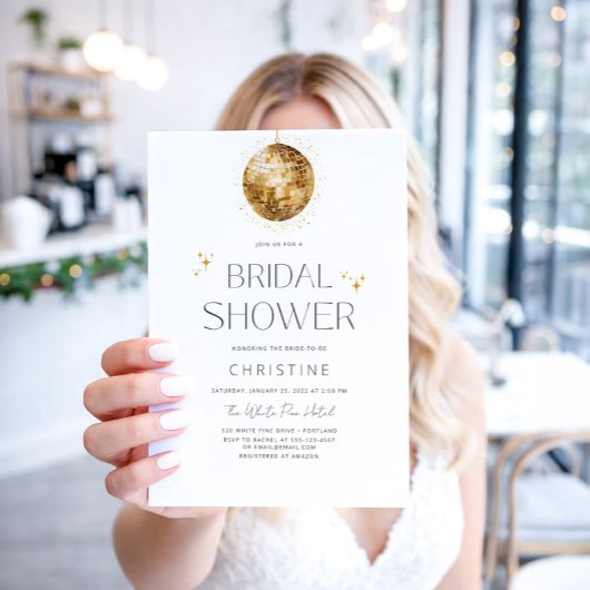 Gold Disco Ball Sparkle Bridal Shower 招待状