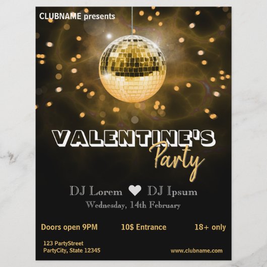 Gold Disco Ball Valentine's Day Party Flyer チラシ (正面)
