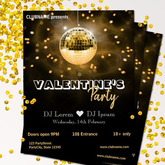 Gold Disco Ball Valentine's Day Party Flyer チラシ